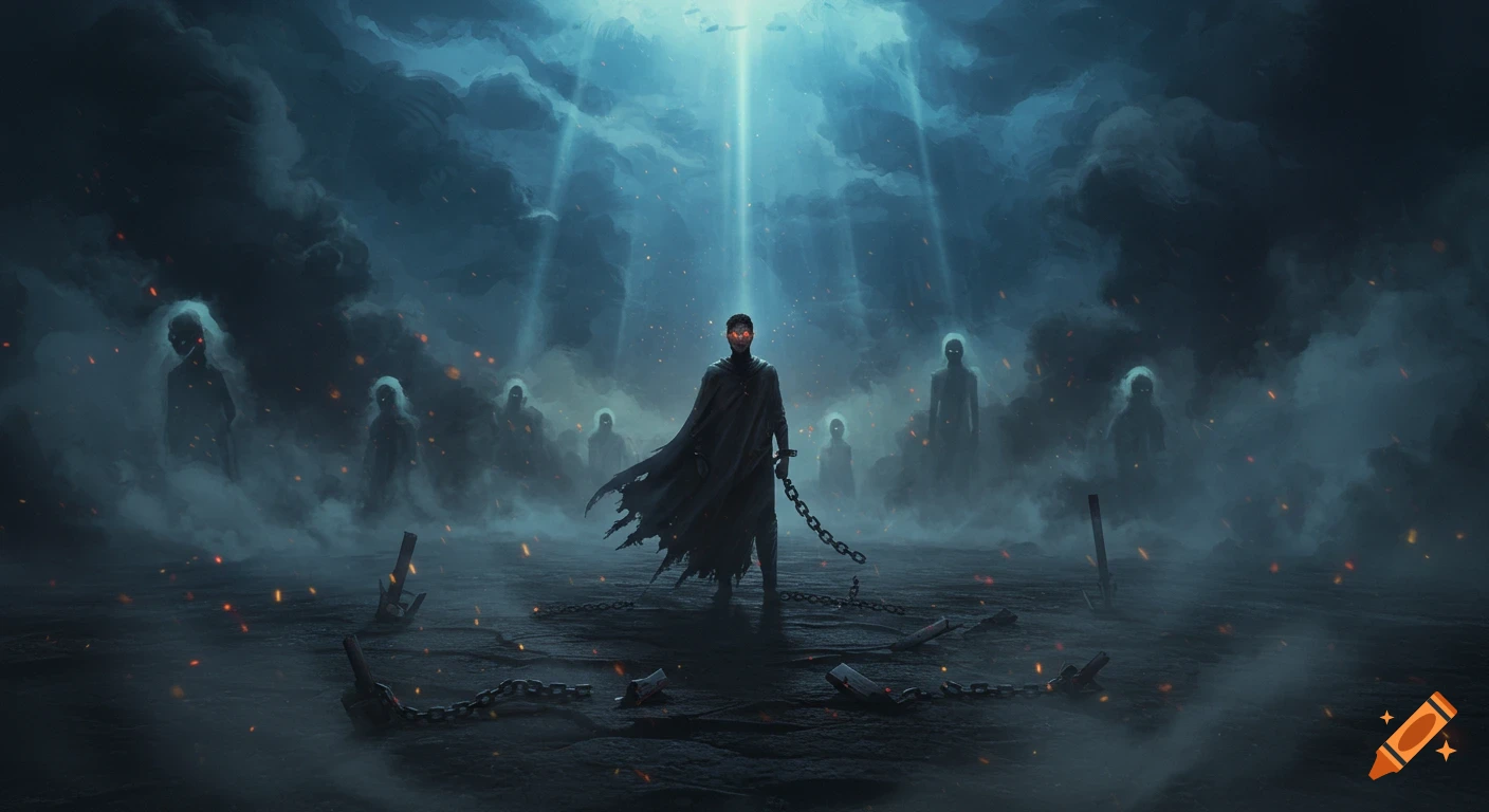 A lone figure with glowing eyes stands amidst broken chains in a dark, misty landscape with ghost-like forms and light beams from the sky.