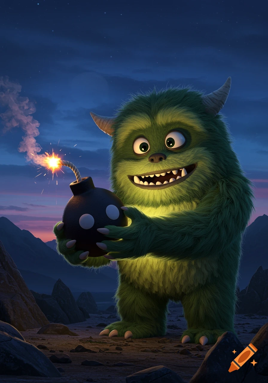 A cute, fuzzy green monster with horns and big eyes holds a lit black bomb in a rocky landscape under a starry night sky.
