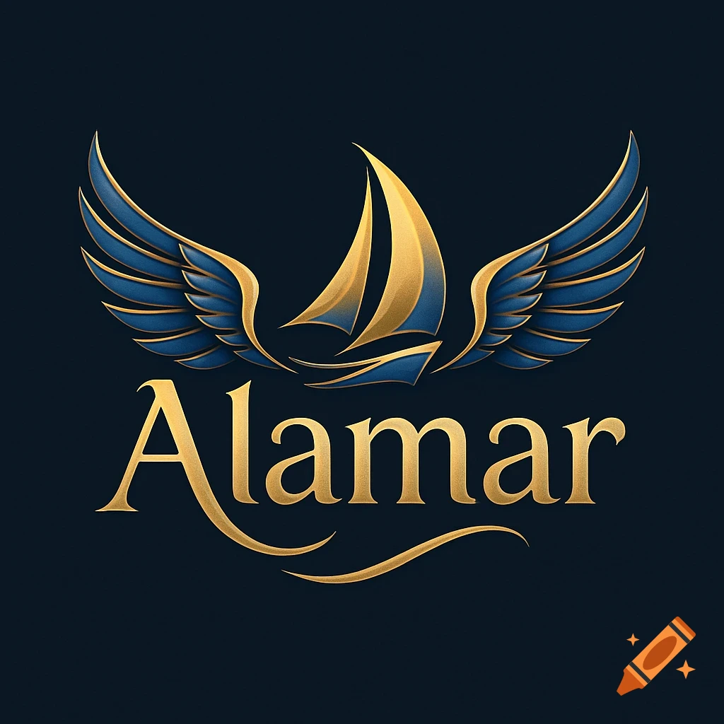 A stylized golden and blue logo featuring a sailboat with wings, above the word "Alamar" in gold script.
