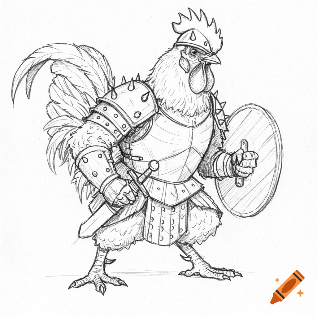 Pencil sketch of a rooster chicken wearing armor and holding a sword and shield, ready for battle.