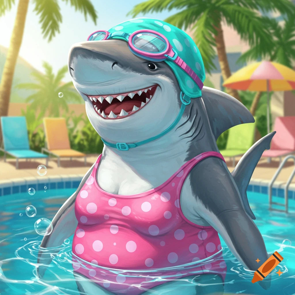 A smiling cartoon shark in a pink polka-dot swimsuit, teal swim cap, and goggles stands in a swimming pool.
