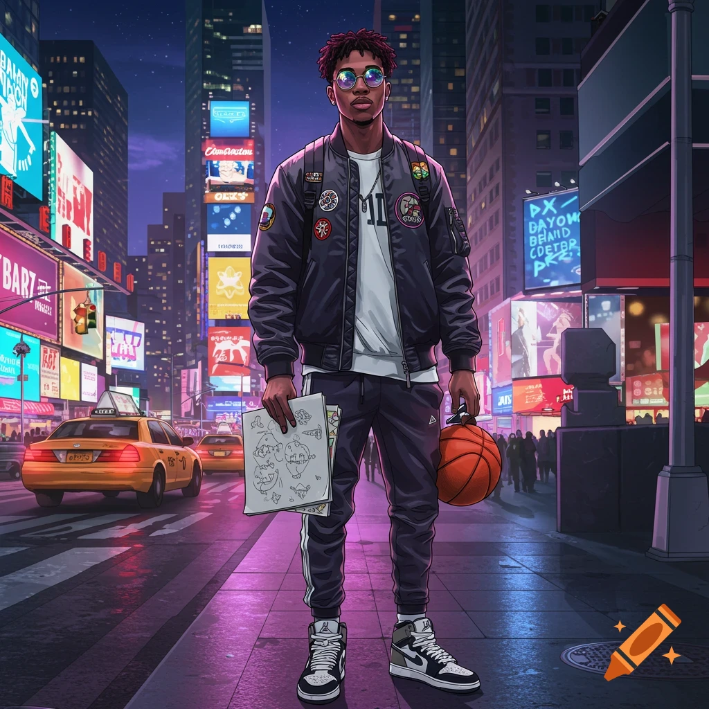 Young Black man in streetwear, bomber jacket, and sunglasses holding basketball and papers on a neon-lit urban street at night, anime style.