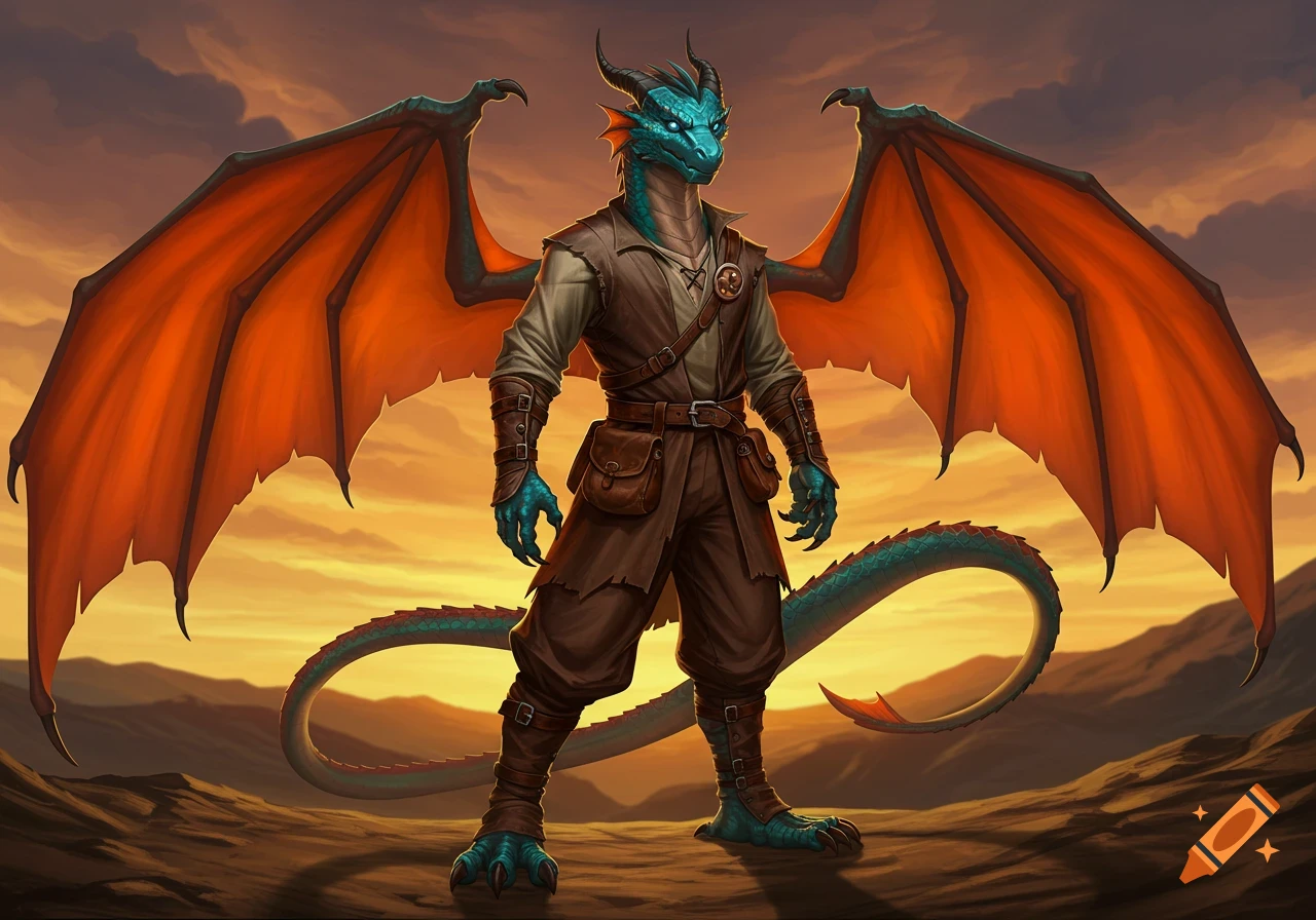 Teal-scaled Dragonborn with blue eyes, brown clothing, large orange wings, and a long tail stands in a rocky sunset landscape.