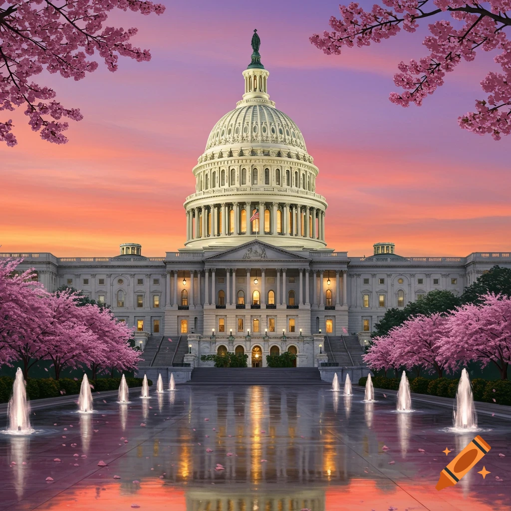 A majestic US Capitol Building at sunset, surrounded by pink cherry blossoms, with fountains reflecting the colorful sky.