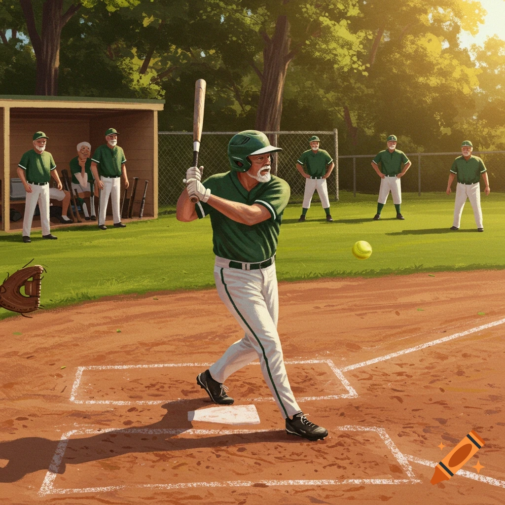 A senior man in green uniform at bat swings at a yellow softball on a sunny field, with other players and a dugout in the background.