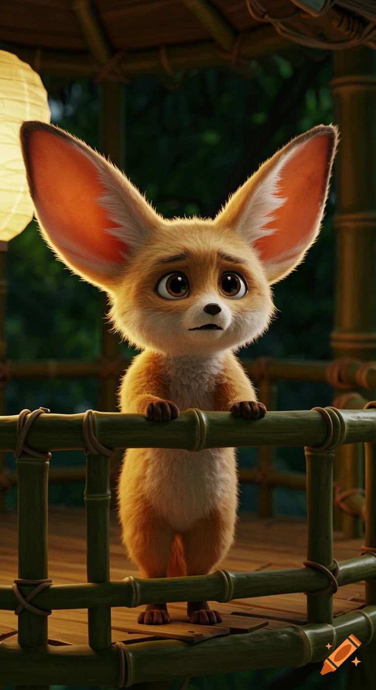 A cute, fluffy Pixar-style 3D fennec fox with big ears stands on a bamboo balcony, looking concerned.