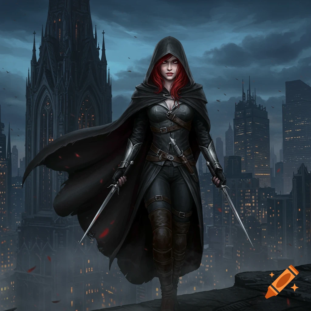 A red-headed female assassin in a black hooded cloak and leather armor stands on a gothic city rooftop at night, holding two daggers.
