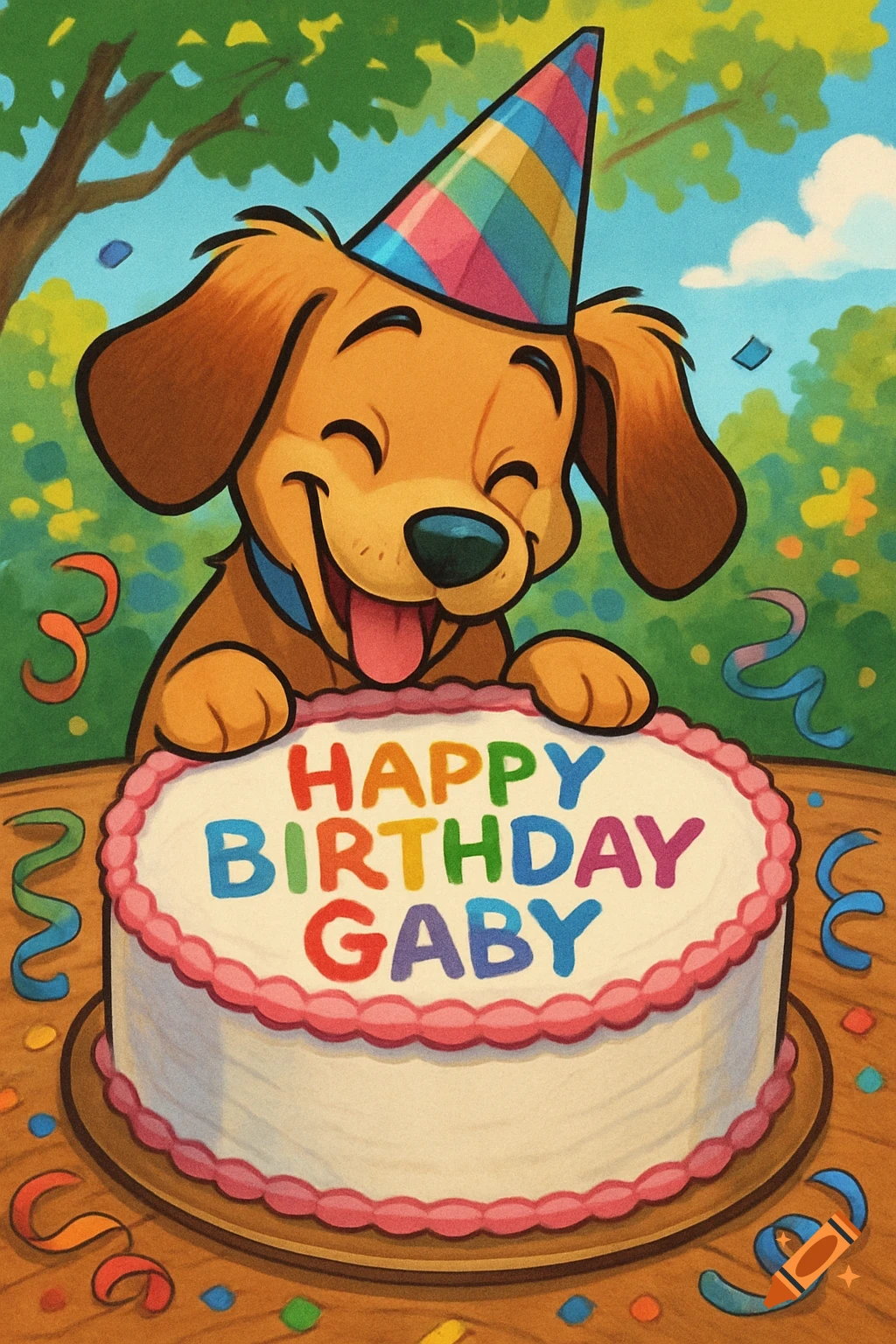 A happy cartoon dog in a party hat leans over a white birthday cake with "Happy Birthday Gaby" on it, surrounded by confetti.