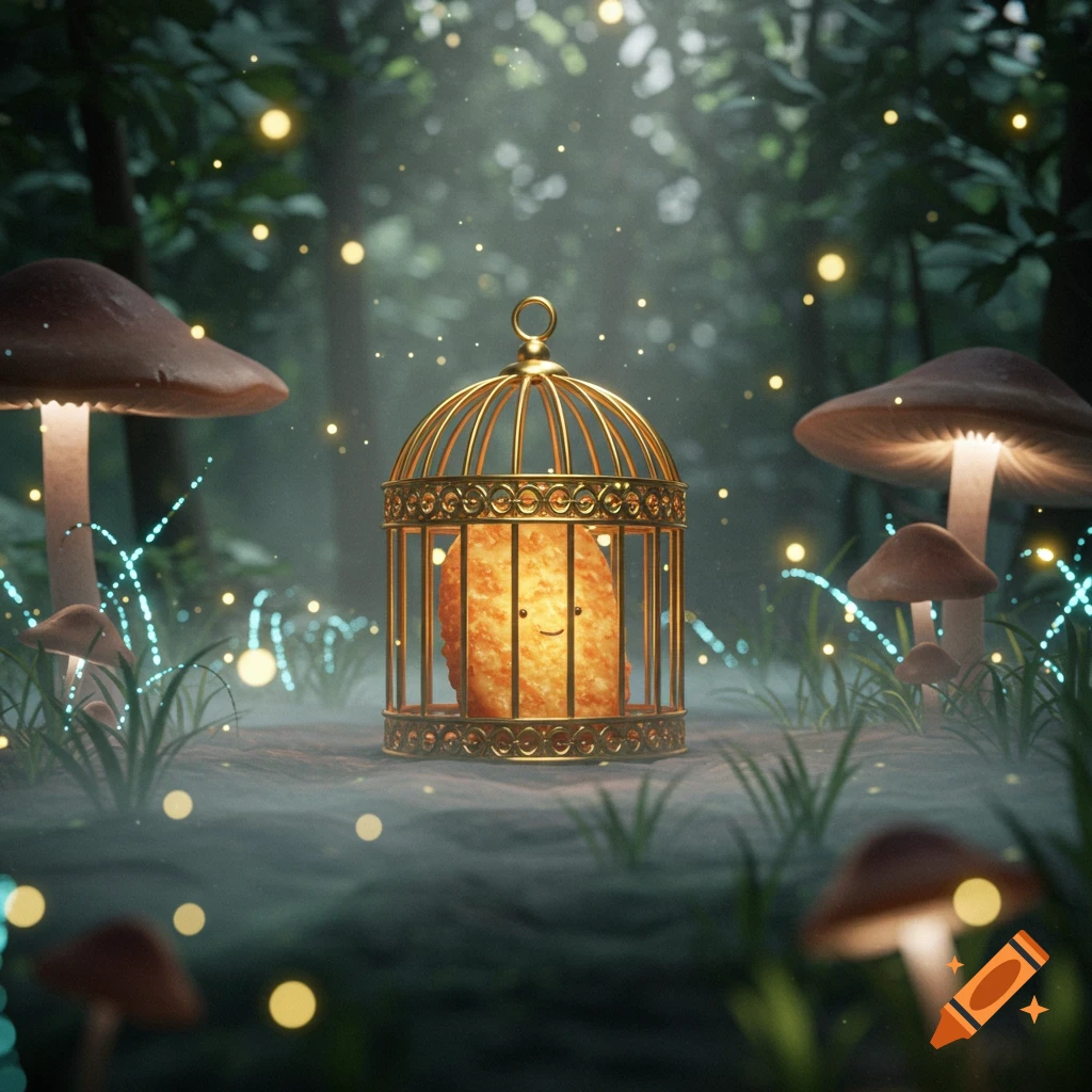 A smiling hashbrown in a golden birdcage in a whimsical, misty forest with glowing mushrooms and fireflies.