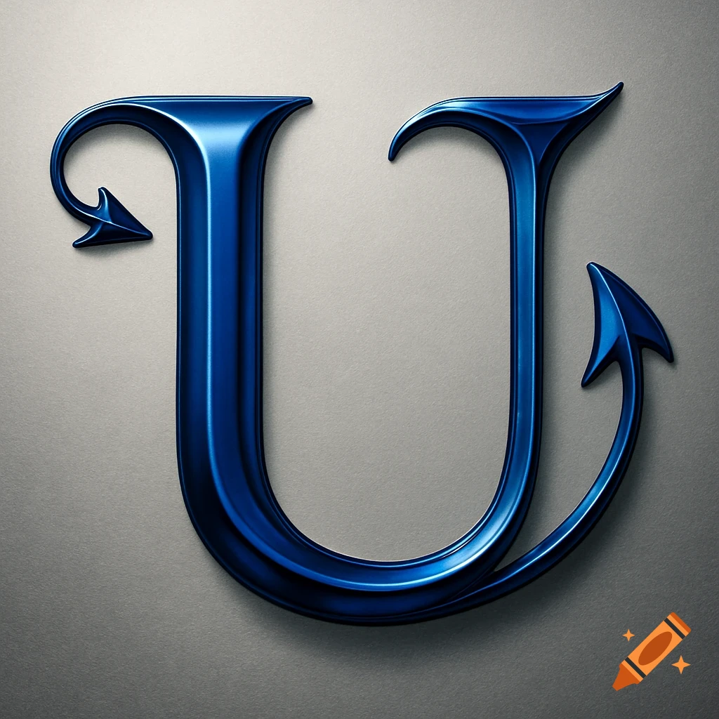 A shiny metallic blue capital letter U, stylized with arrows at its ends, on a light grey background.