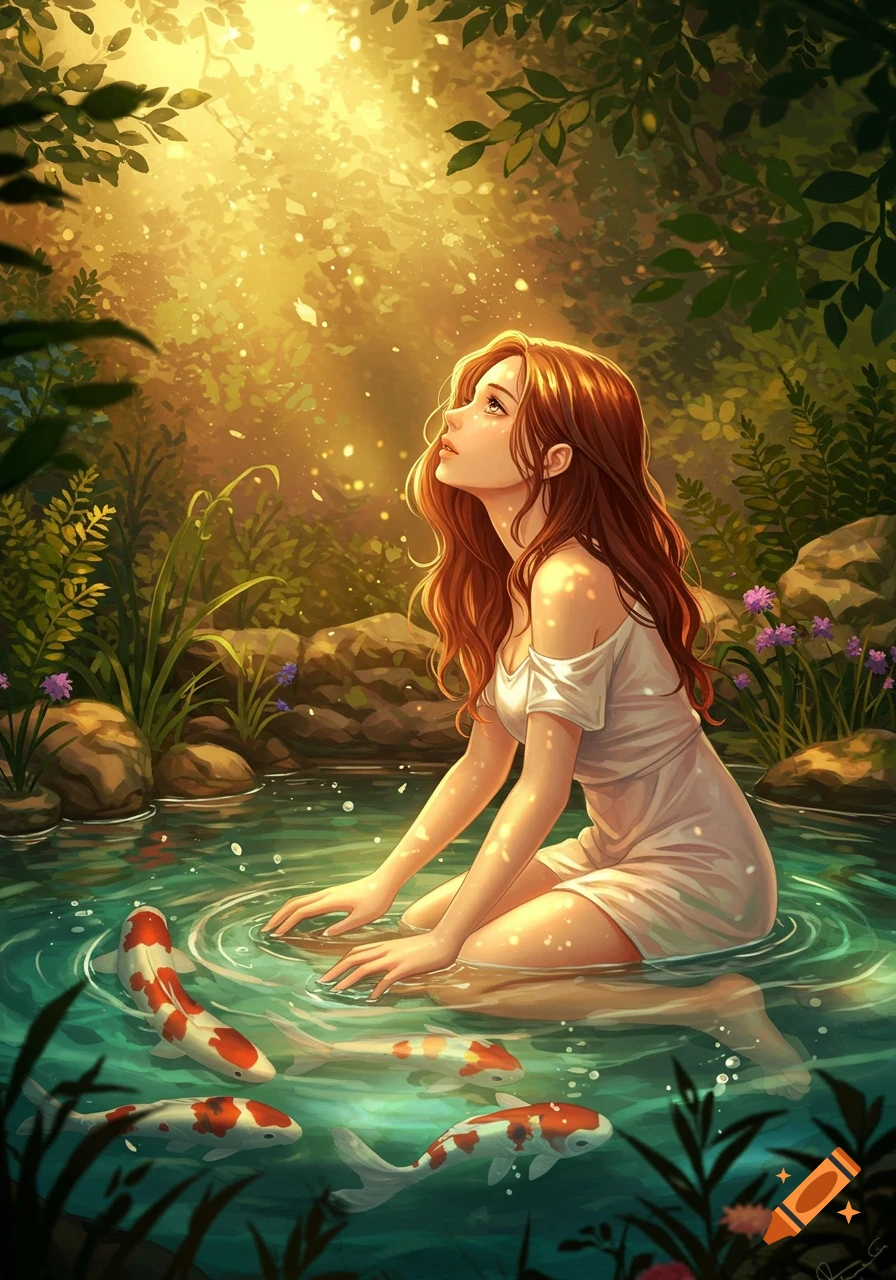An illustrated woman kneels in a sunlit pond with koi fish, looking up dreamily.