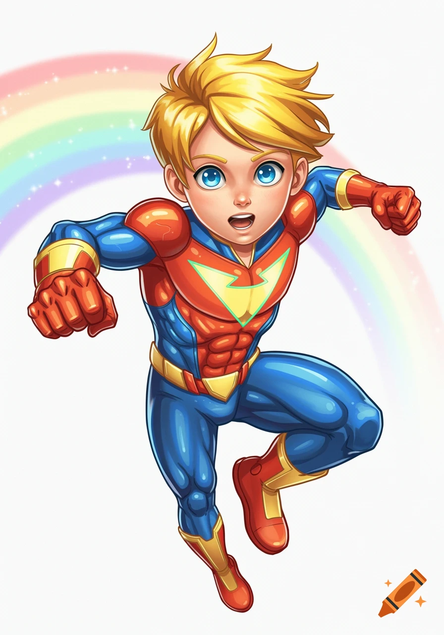 A blonde, blue-eyed boy superhero in a blue and red suit with a lightning bolt logo poses dynamically in front of a rainbow in a cute cartoon style.