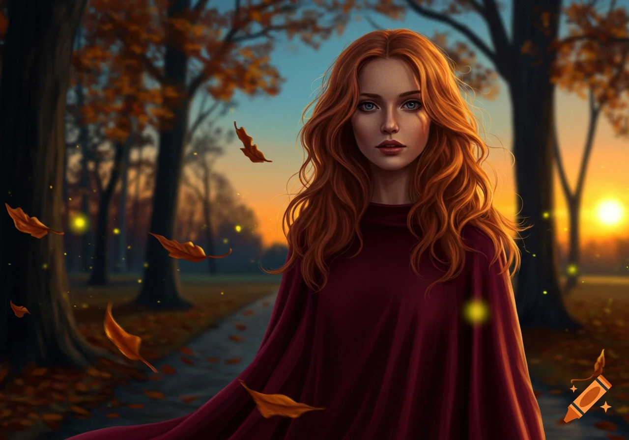 Digital art portrait of a red-haired woman in a red cloak in an autumn park with falling leaves and glowing specks at sunset.