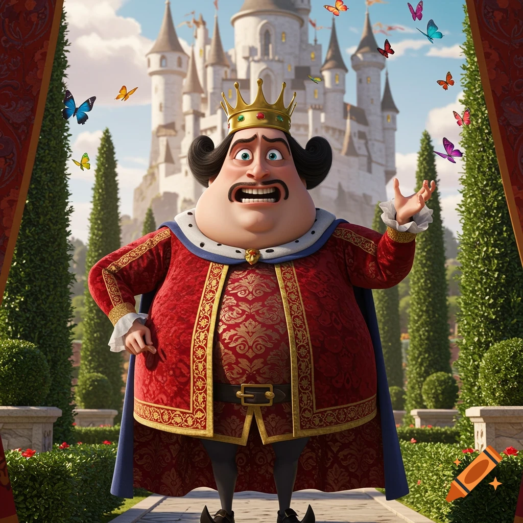 A portly, cartoonish king with a crown and red regal attire stands in front of a grand castle with butterflies fluttering around.