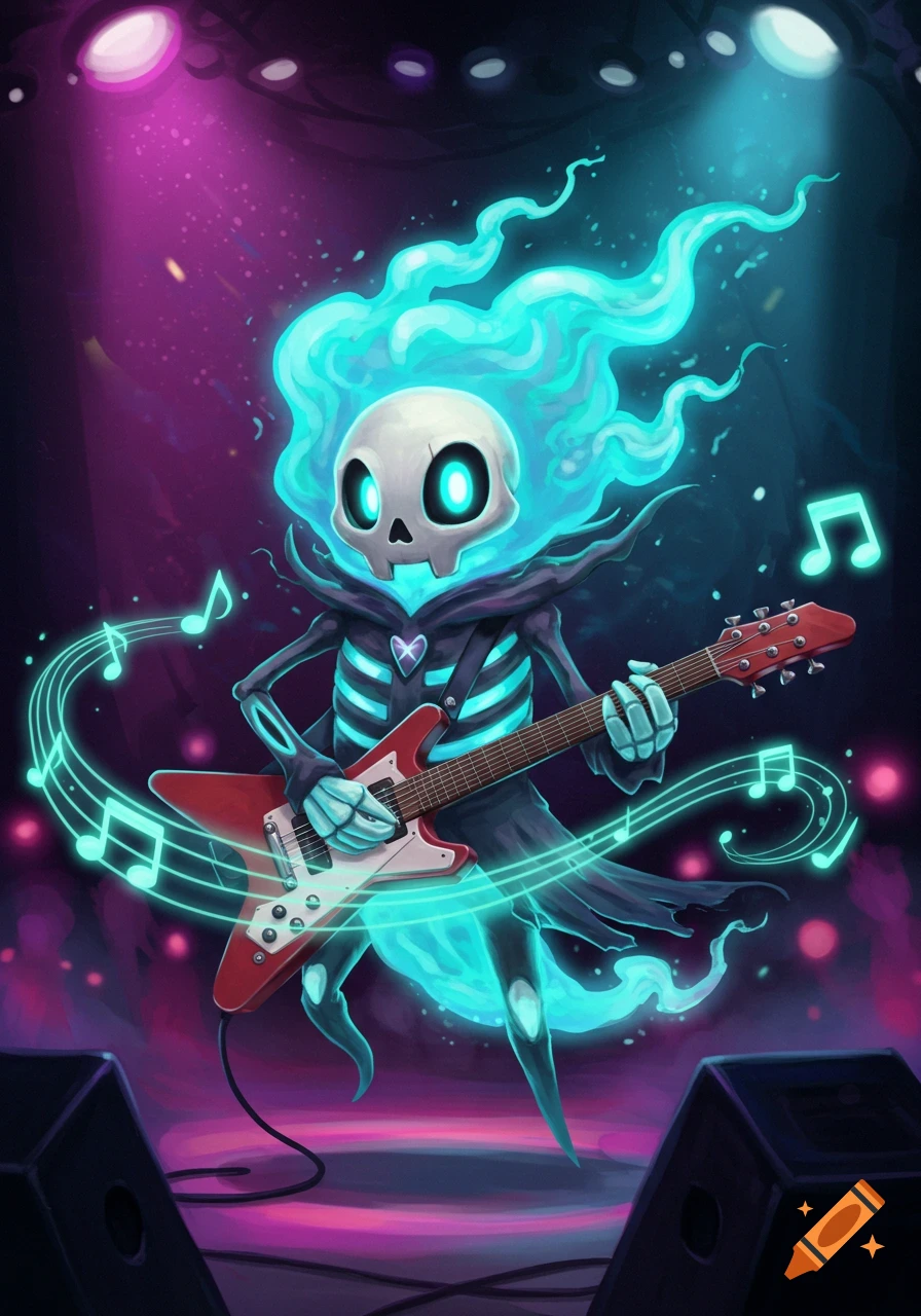 A cute, stylized skeleton with glowing blue flame hair plays a red electric guitar on a dark stage, surrounded by musical notes and vibrant lights.