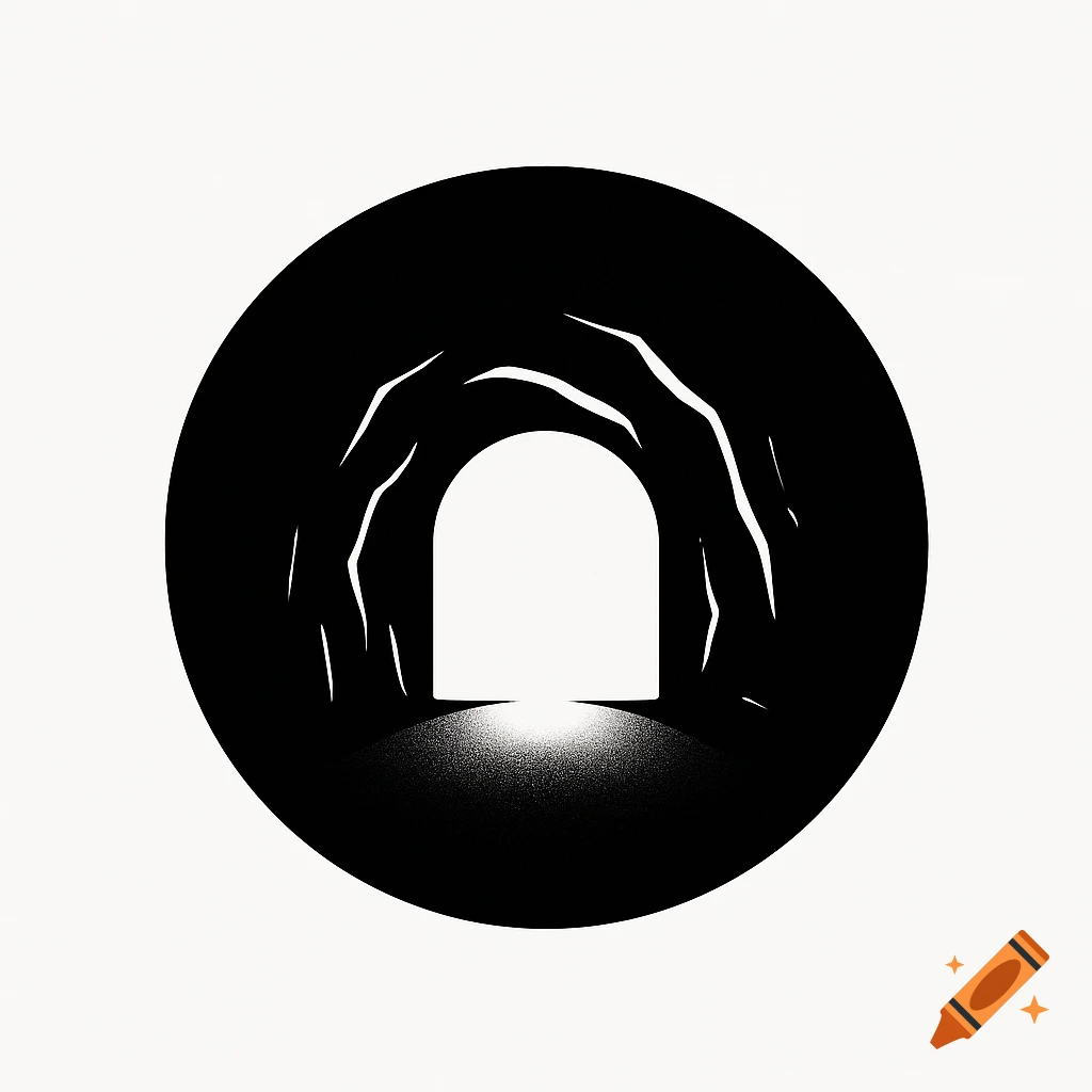 Minimalist black and white logo of an arched cave opening with a bright light emanating from within.