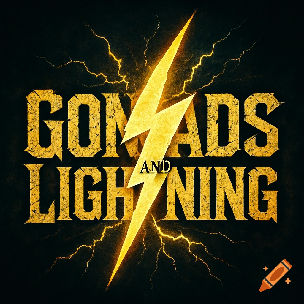 A thrash metal band logo featuring 'GONADS AND LIGHTNING' in distressed gold text with a striking yellow lightning bolt.
