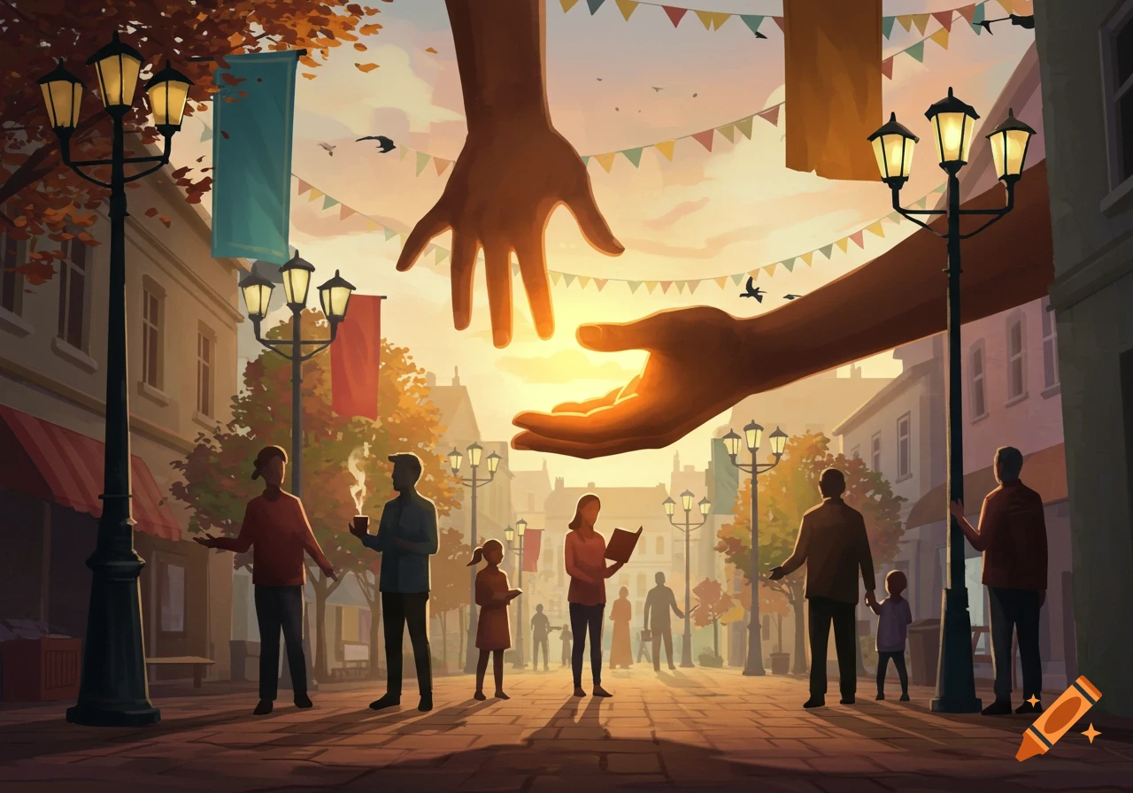 Stylized illustration of giant hands reaching above a town square bustling with silhouetted people and lampposts at sunset.