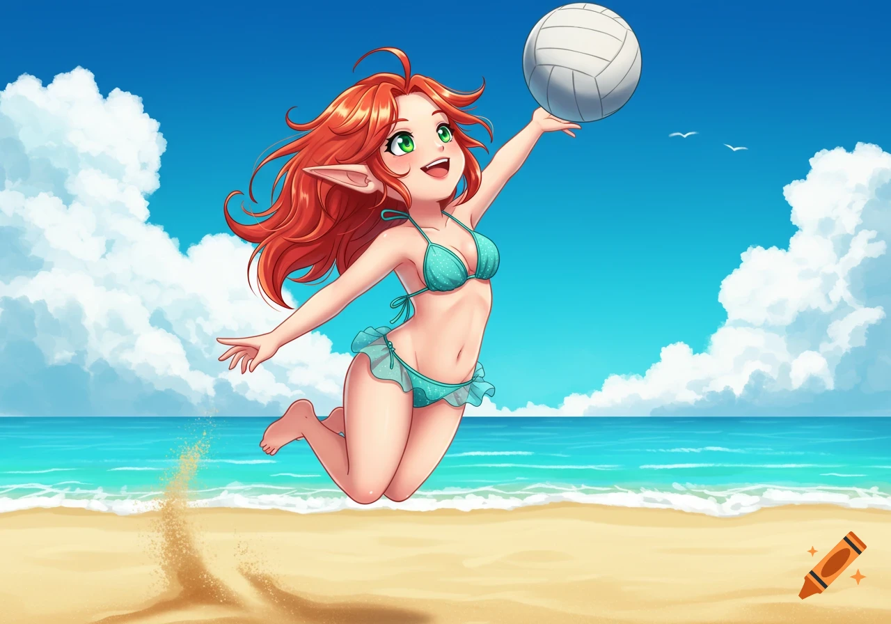 A joyful red-haired anime elf lady in a bikini jumps on a sunny beach to hit a volleyball.