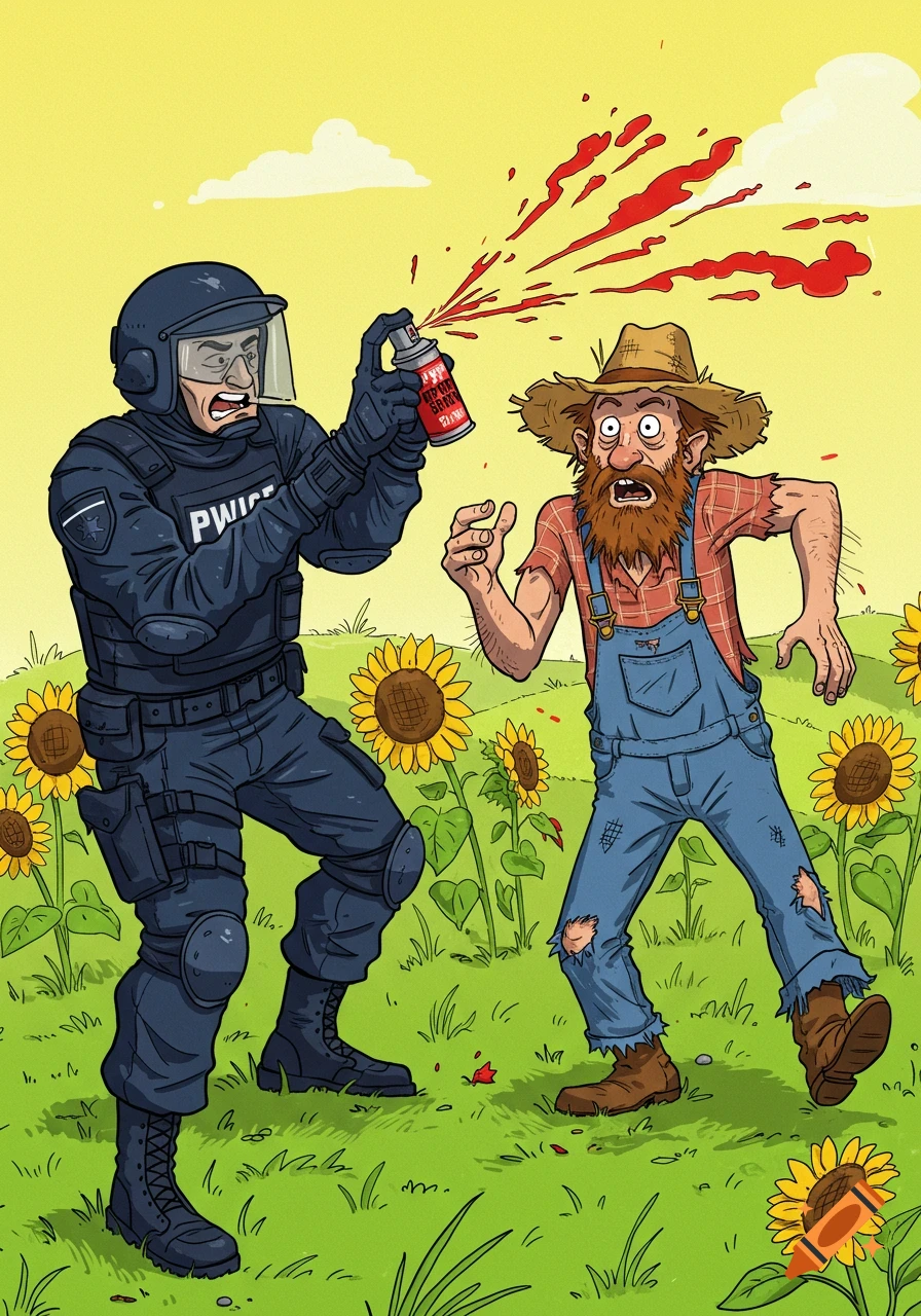 A cartoon police officer in riot gear sprays a red substance from a can onto the face of a startled farmer in a field of sunflowers.