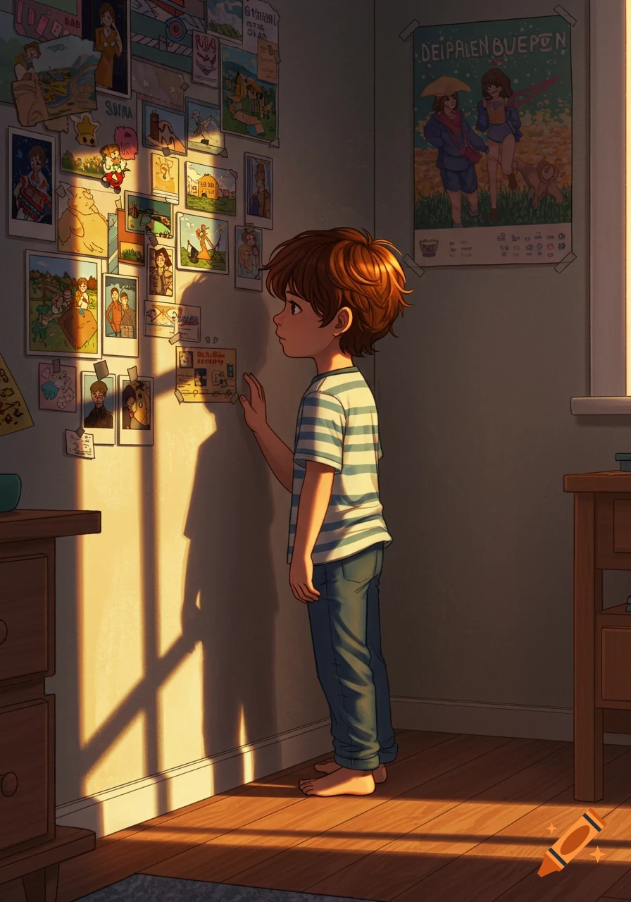 A boy stands barefoot in a sunlit room, looking at photos and posters on the wall in an illustrated style.