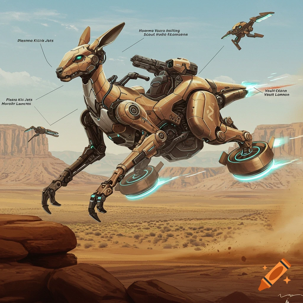A futuristic robot kangaroo hoverbike, with weapons and glowing thrusters, hovers over a desert landscape with mesas. Text labels point to features.