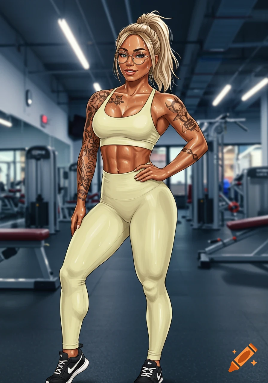 Illustration of a muscular woman with tattoos and glasses in a gym, wearing a pale yellow sports bra and yoga pants.
