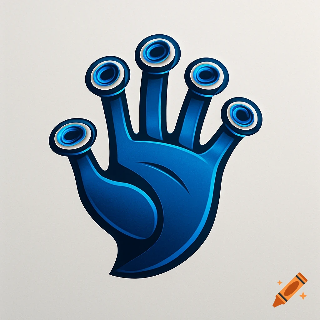 A stylized blue hand with suction cup fingers on a light background.