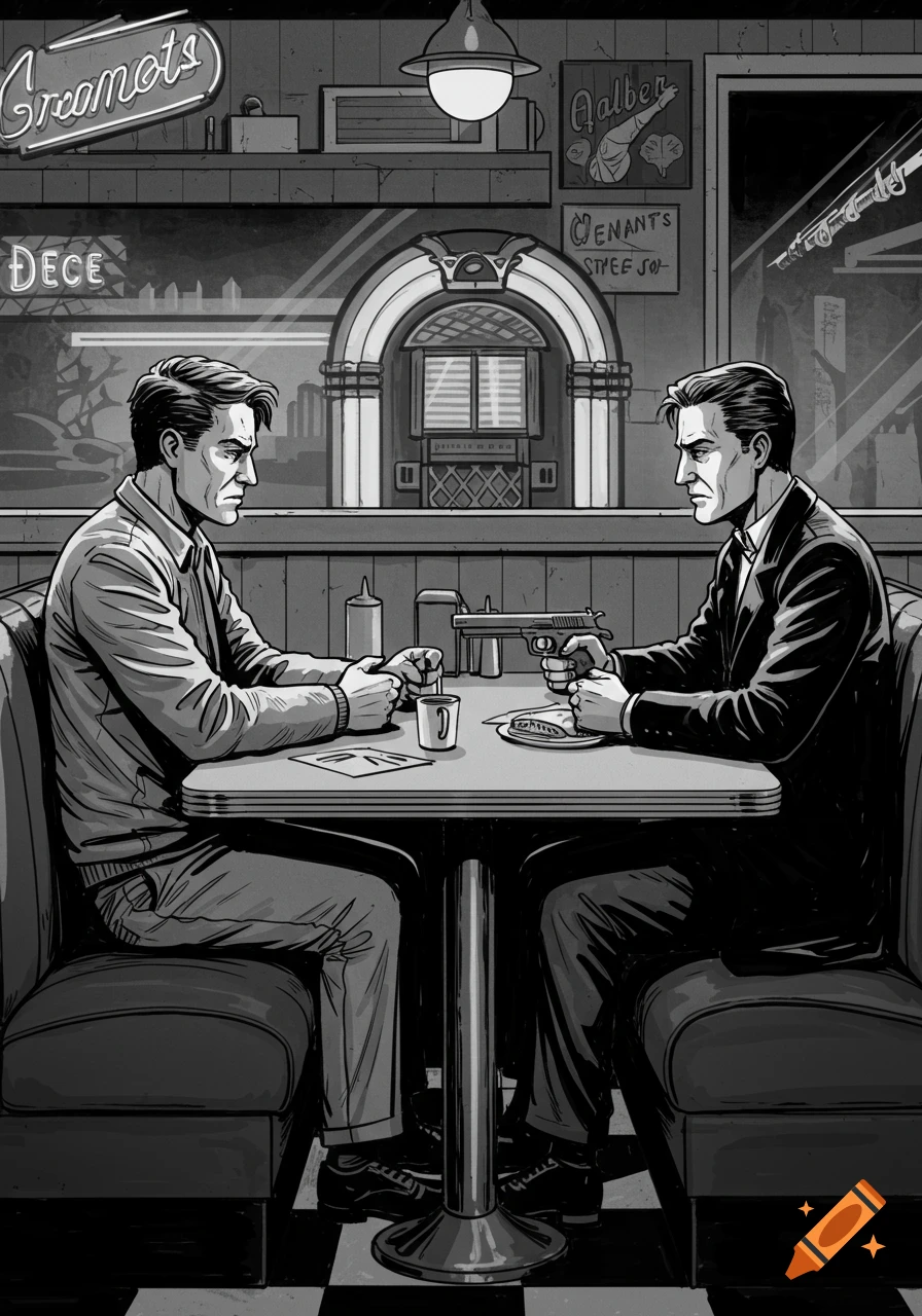 Black and white sketch-style illustration of two men seated at a diner booth, one aiming a gun at the other under the table.