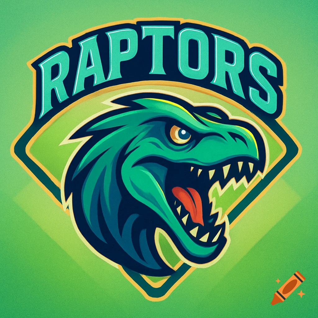 Stylized green dinosaur head with open mouth in a baseball diamond logo with 'RAPTORS' text above, on a green background.