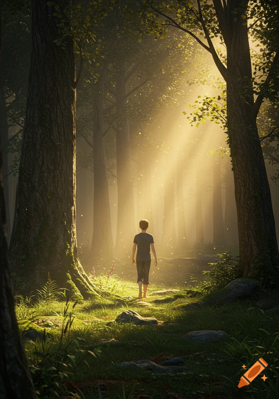 A boy walks barefoot through a misty fantasy forest at dawn, bathed in golden light rays.