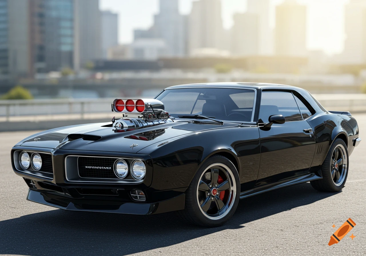 A black classic American muscle car with a chrome supercharger on the hood, parked outdoors with a blurred city background.