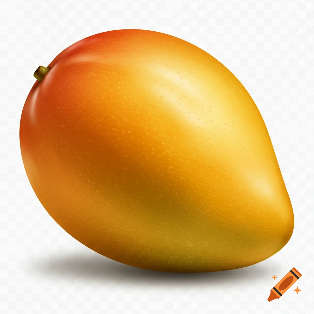 A ripe mango with vibrant orange, red, and yellow skin sits on a transparent background, casting a soft shadow.