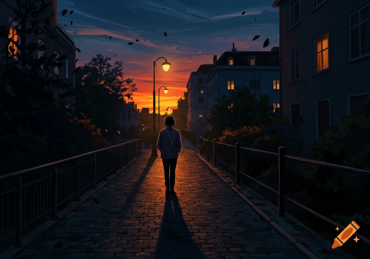 An illustrated view of a person walking on a cobblestone path at dusk, with streetlights glowing and buildings silhouetted against a vibrant orange and purple sky.