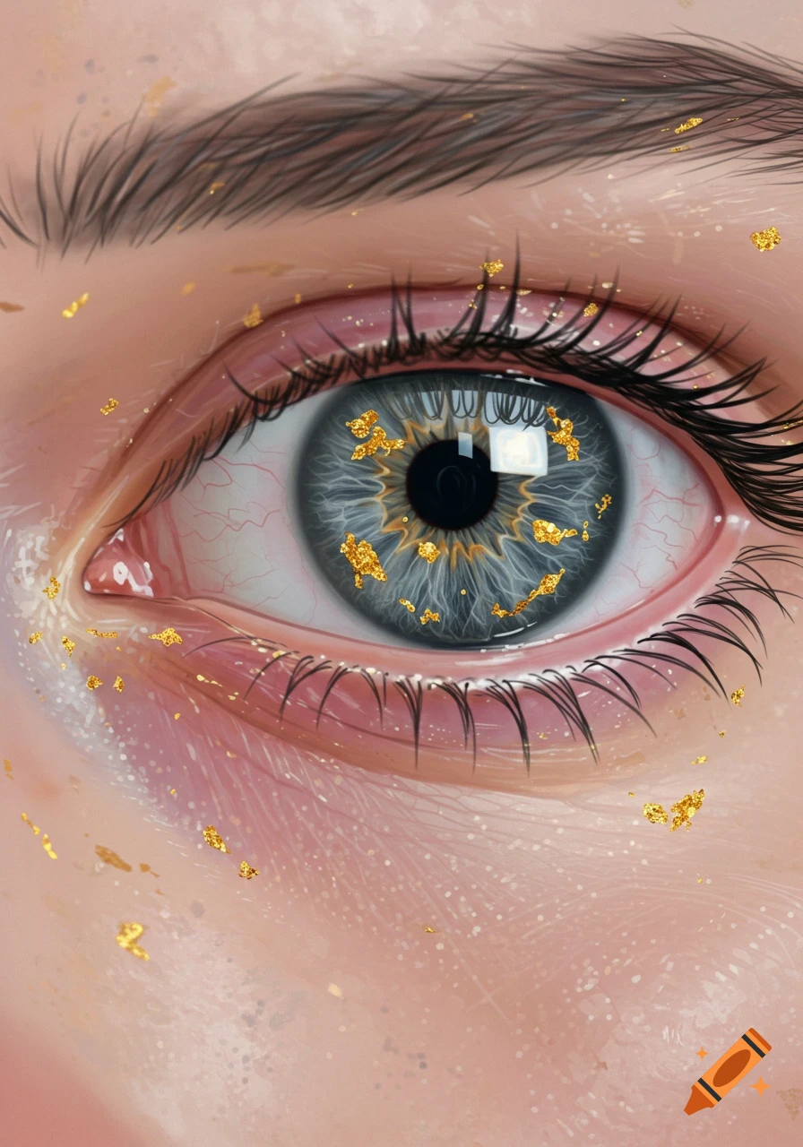 Close-up of a grey eye with gold flakes on the iris and surrounding skin, showing detailed eyelashes.