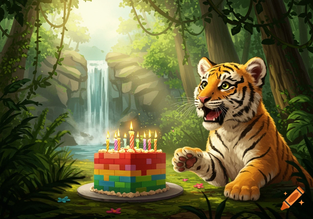 A cute, cartoon-style tiger cub sits next to a colorful, blocky birthday cake with lit candles in a lush jungle with a waterfall.