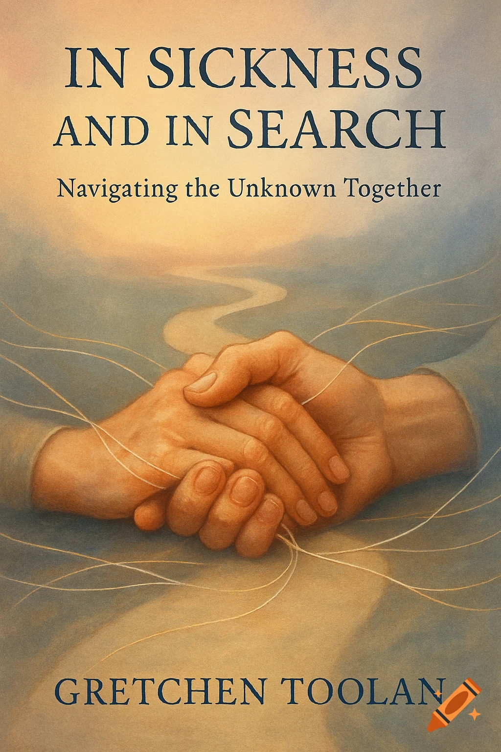 Book cover with two hands clasped, surrounded by swirling lines, and a winding path in the background. Title reads 'In Sickness and in Search: Navigating the Unknown Together'.
