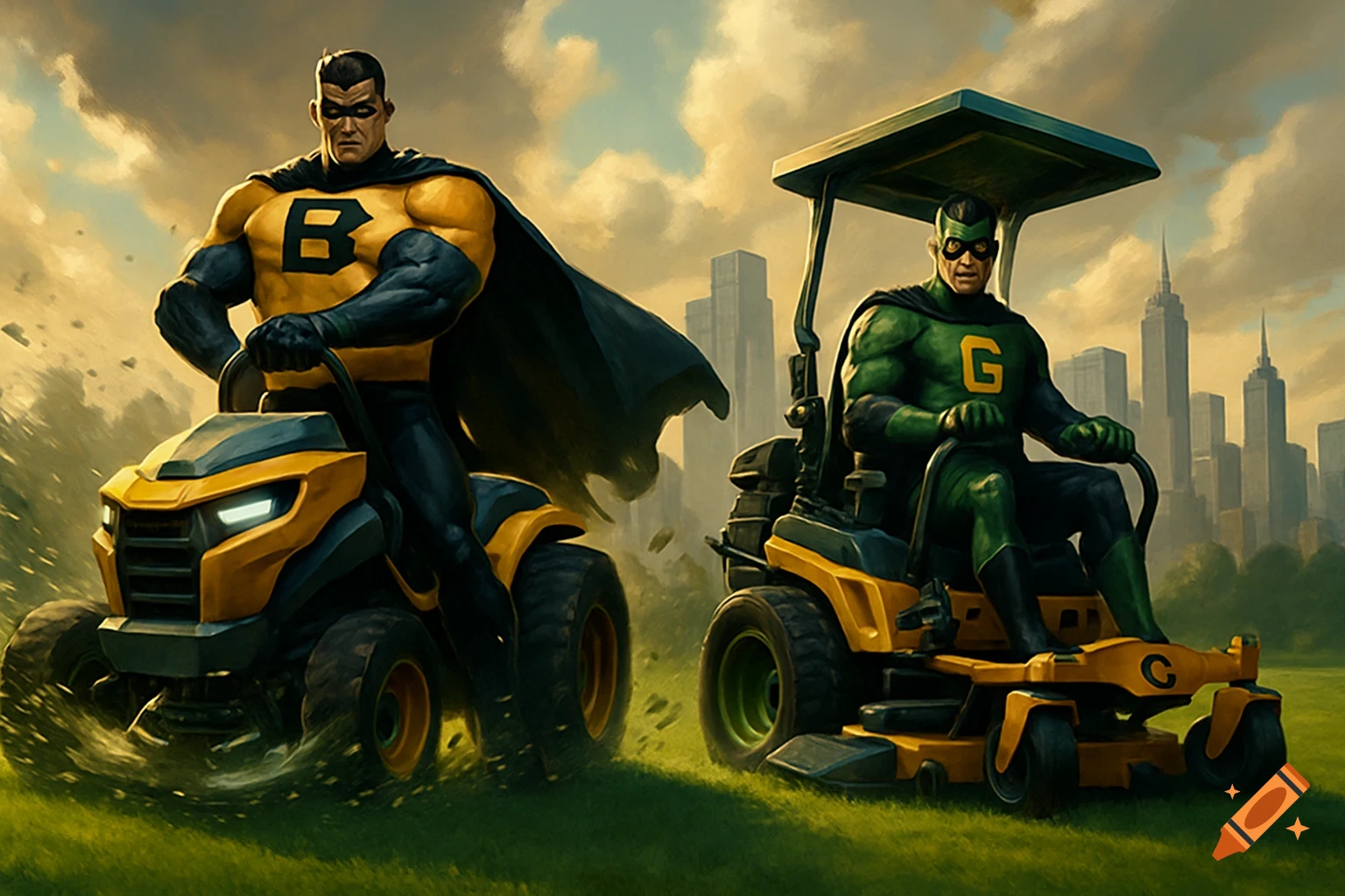 Two muscular superheroes in yellow/black and green/black outfits on lawn mowers, with a cityscape in the background.