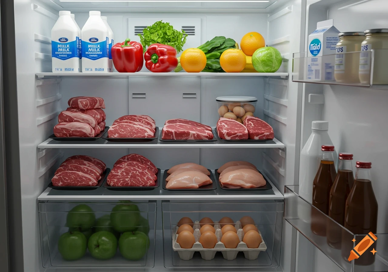 A photorealistic image of an open refrigerator stocked with milk, vegetables, fruit, raw meat, and eggs on various shelves.