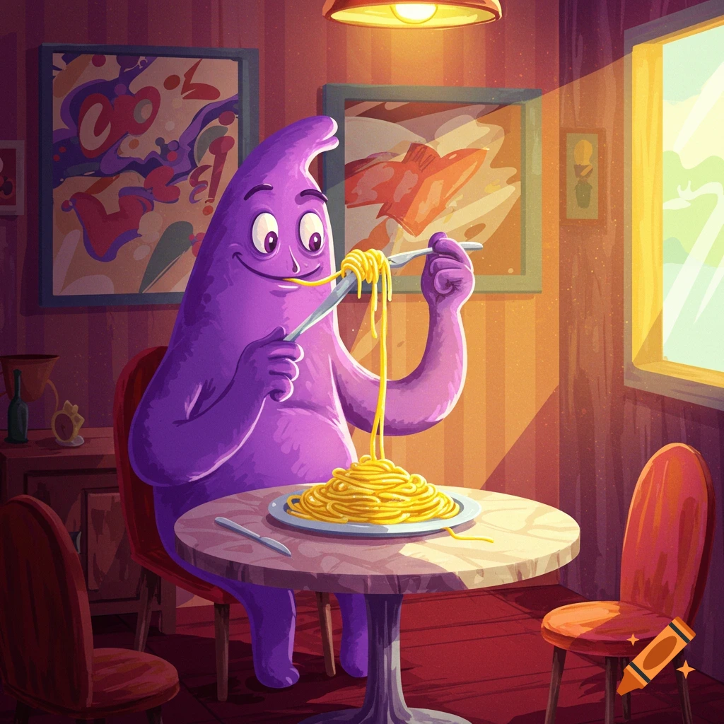 A smiling purple blob-like character enthusiastically eats a large plate of spaghetti with a fork and knife at a dining table, in a brightly lit cartoon style.