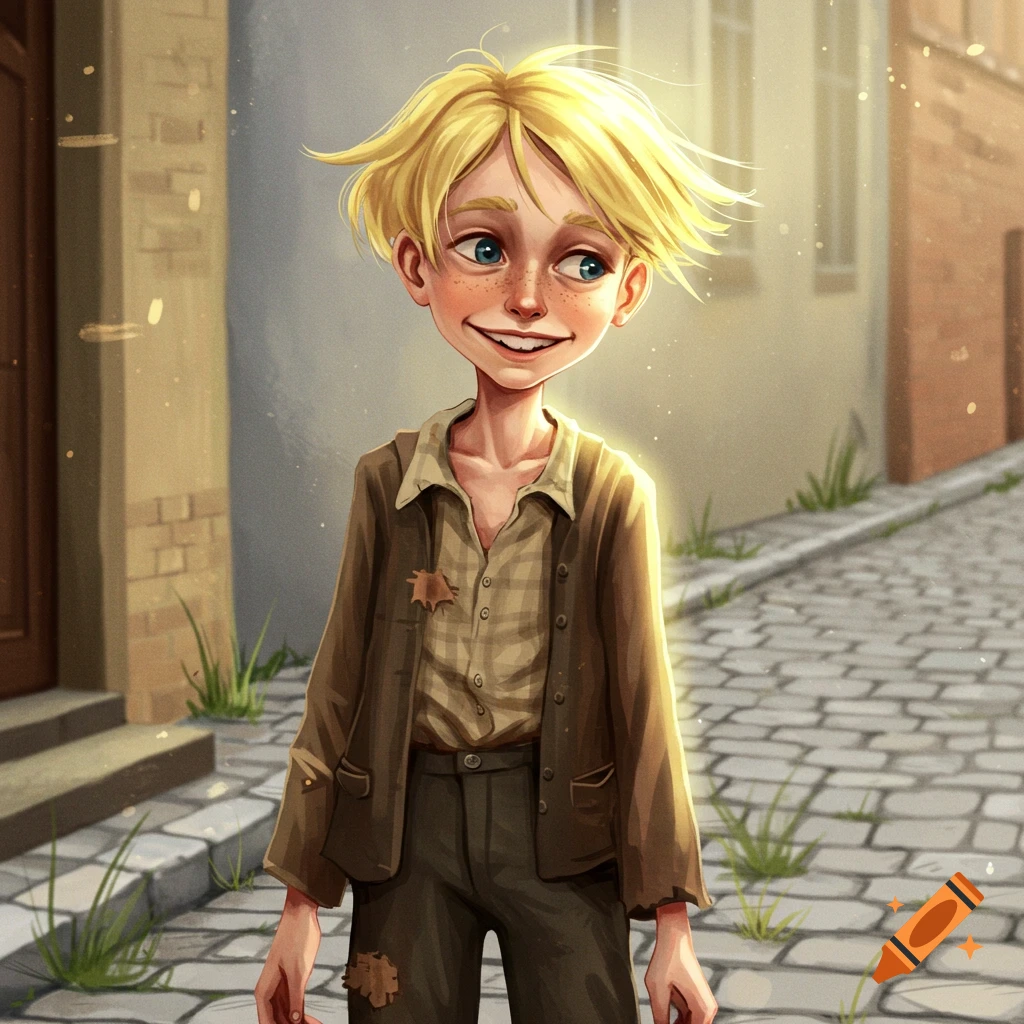 A stylized illustration of a skinny blonde boy with freckles and shabby brown clothes smiling, standing on a cobblestone street.