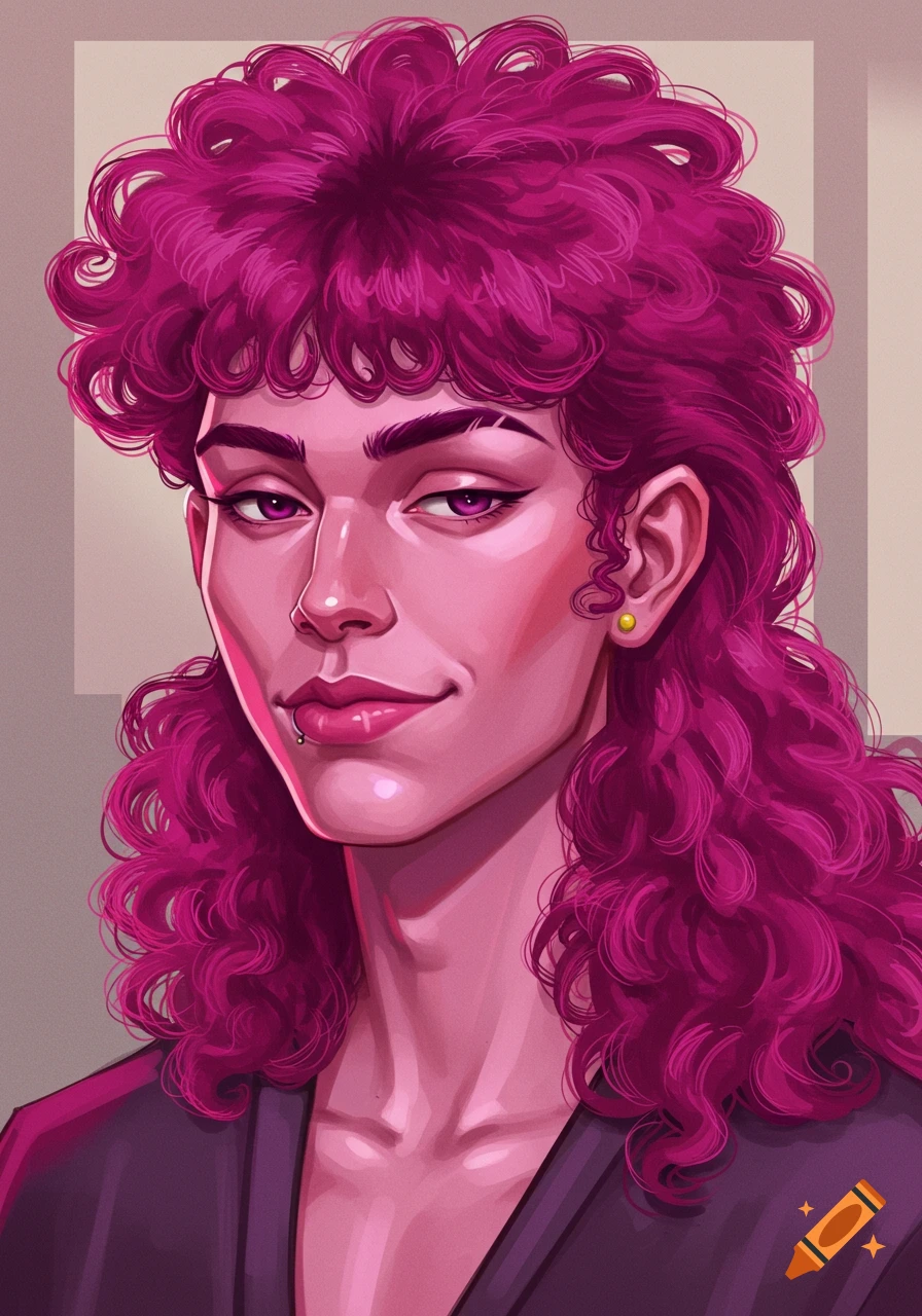 Stylized portrait of a person with curly fuchsia mullet hair and a lip piercing, looking at the viewer.