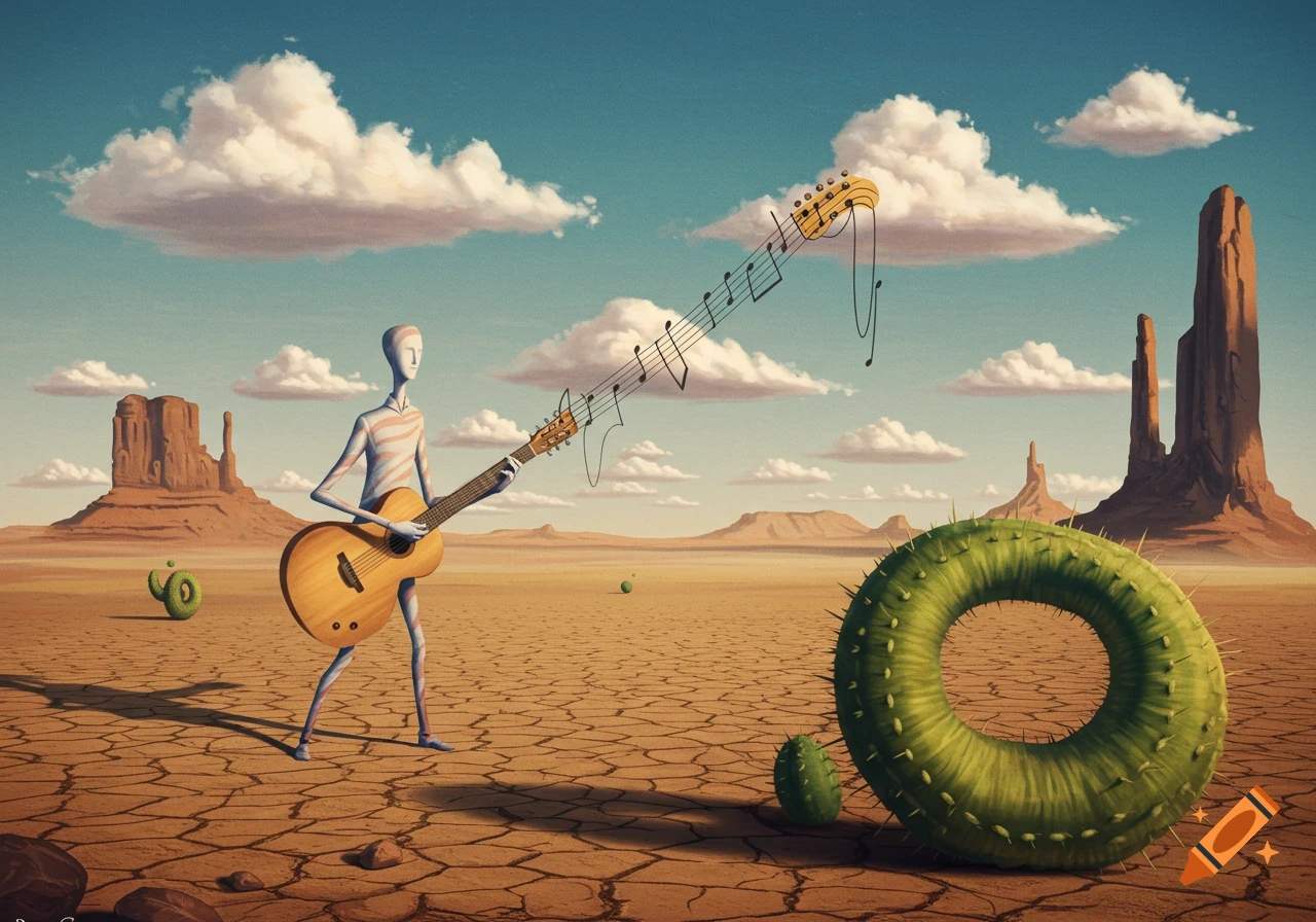 A surreal painting of a pale humanoid figure playing a guitar in a cracked desert with rock formations and a donut-shaped cactus.