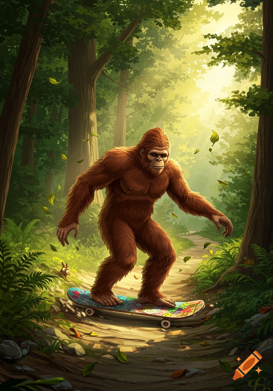 A stylized illustration of Bigfoot skateboarding down a sunlit forest path with leaves falling around him.