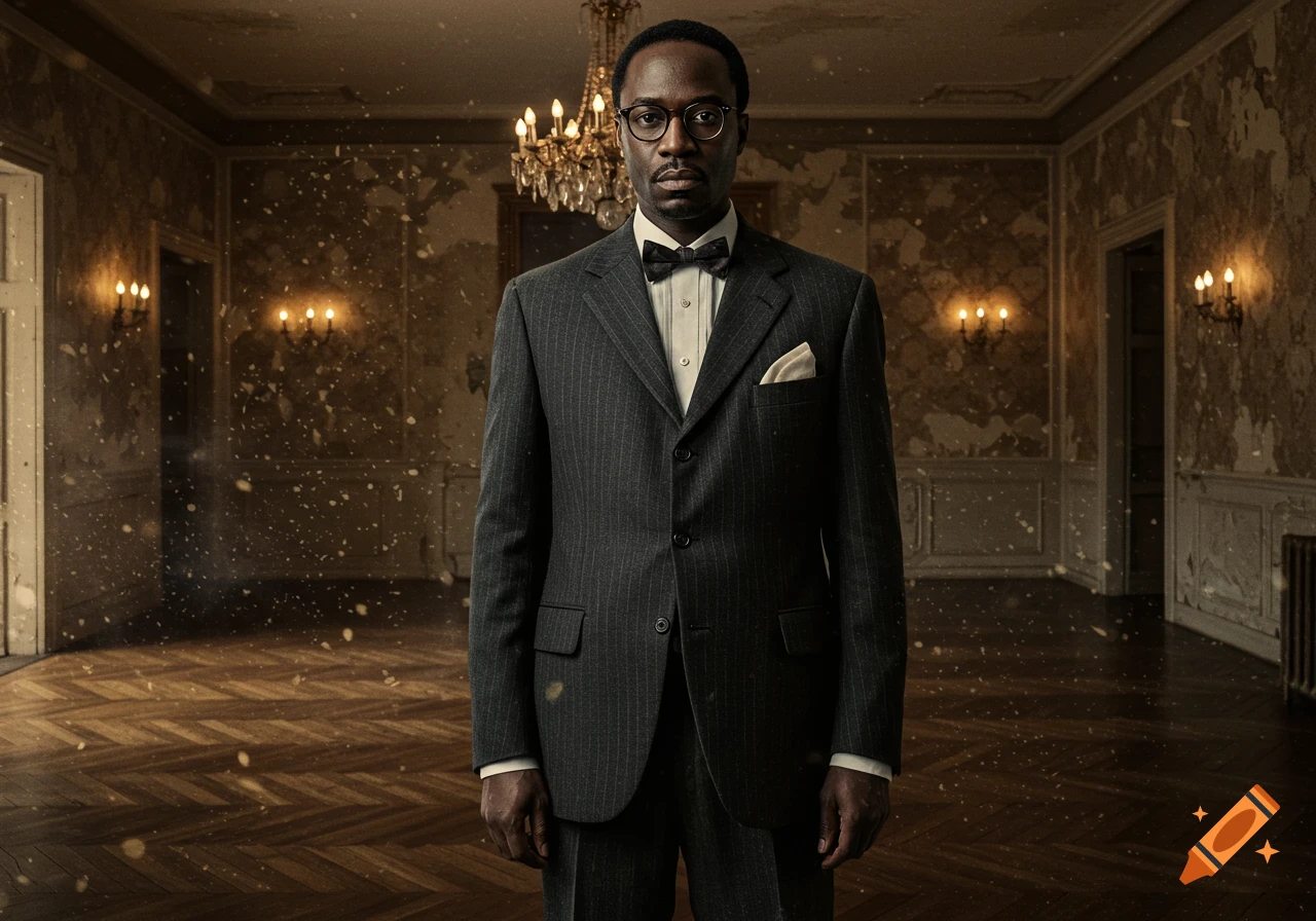 A photorealistic portrait of a man in a dark pinstripe suit and bow tie, standing in a dusty, ornate, abandoned room.