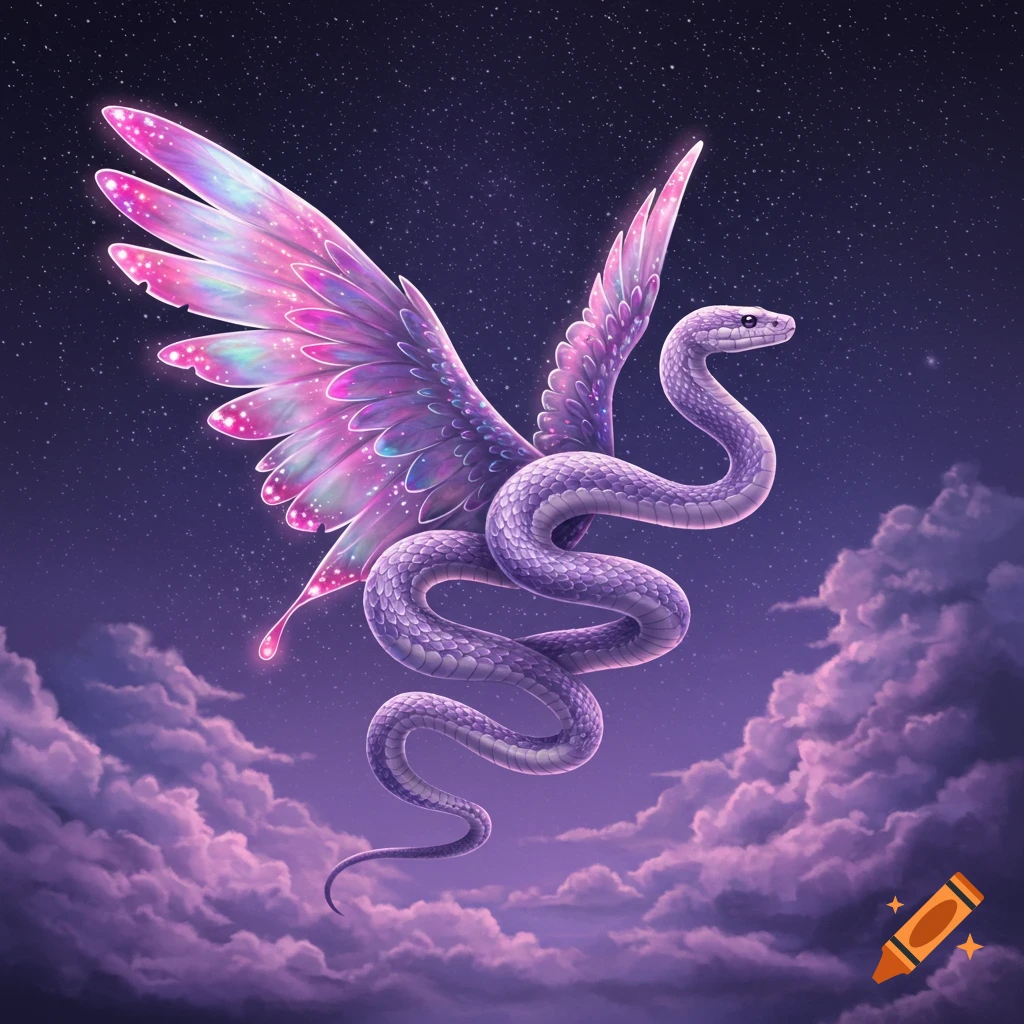 A vibrant purple winged snake with iridescent wings floats in a starry night sky above purple clouds.