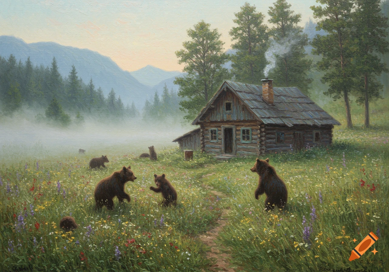 Painting of a wooden cabin in a misty mountain valley with playful bears among wildflowers.