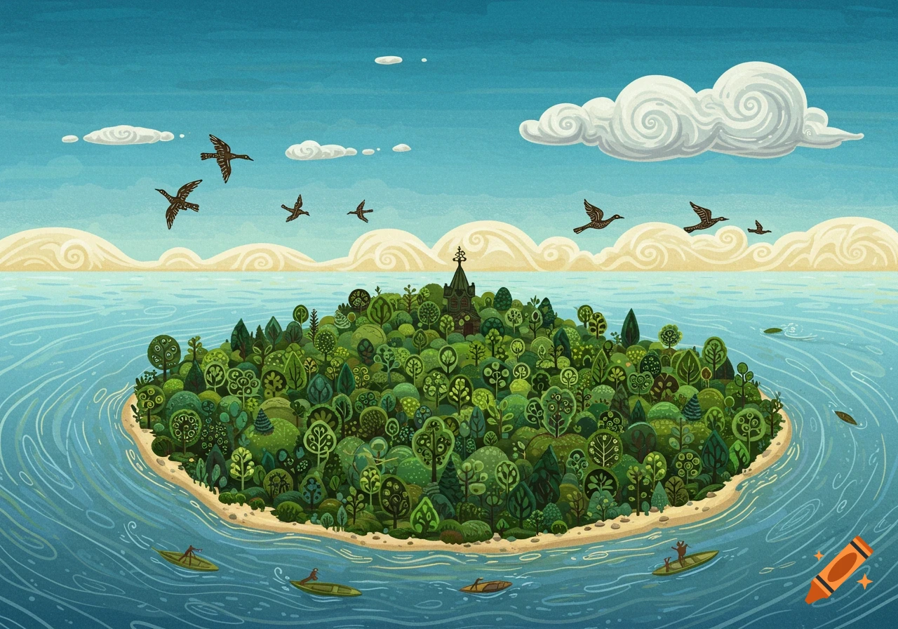 A vibrant Slavic folk art illustration of a lush green island in a blue river, with birds flying above.