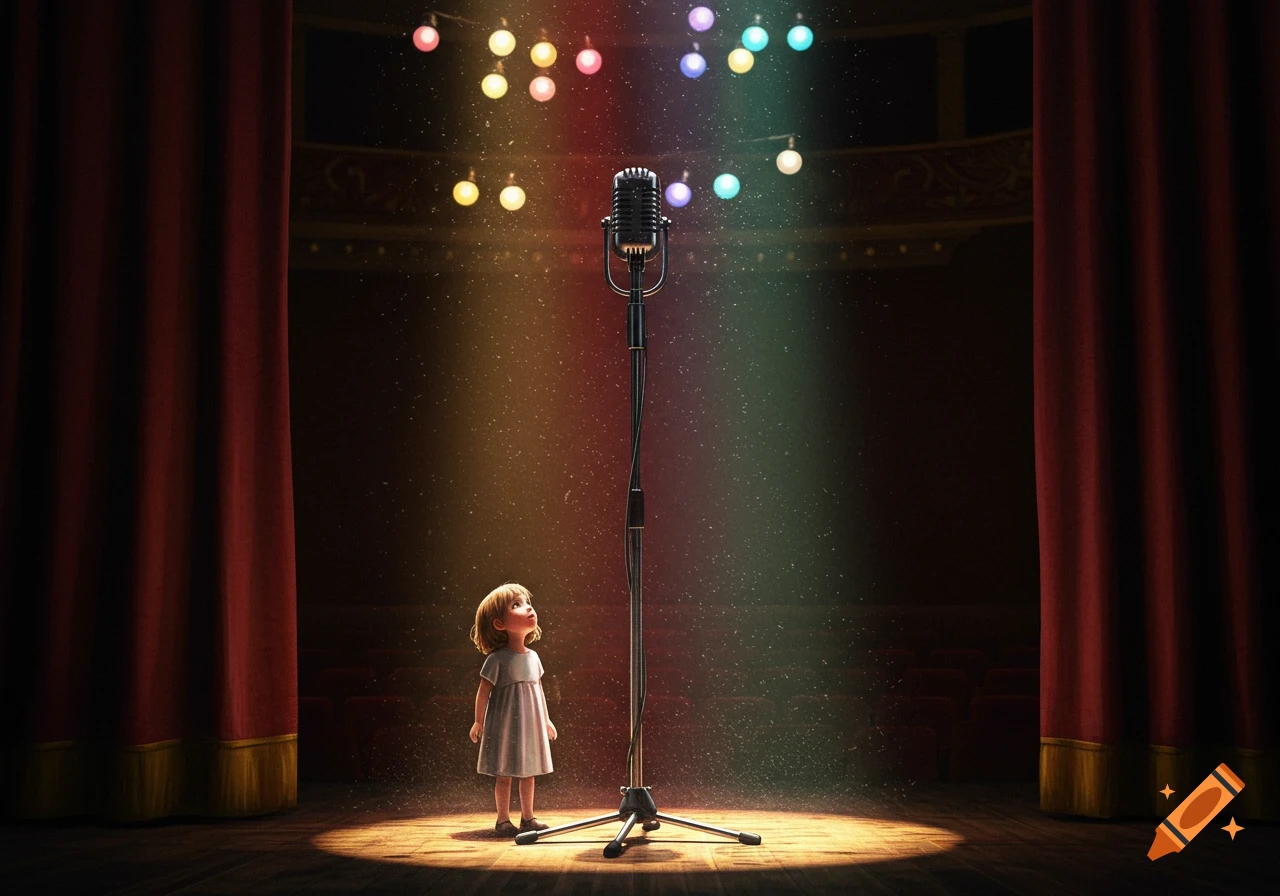 A small child looks up at a tall microphone on a dimly lit stage with red curtains and colorful string lights.