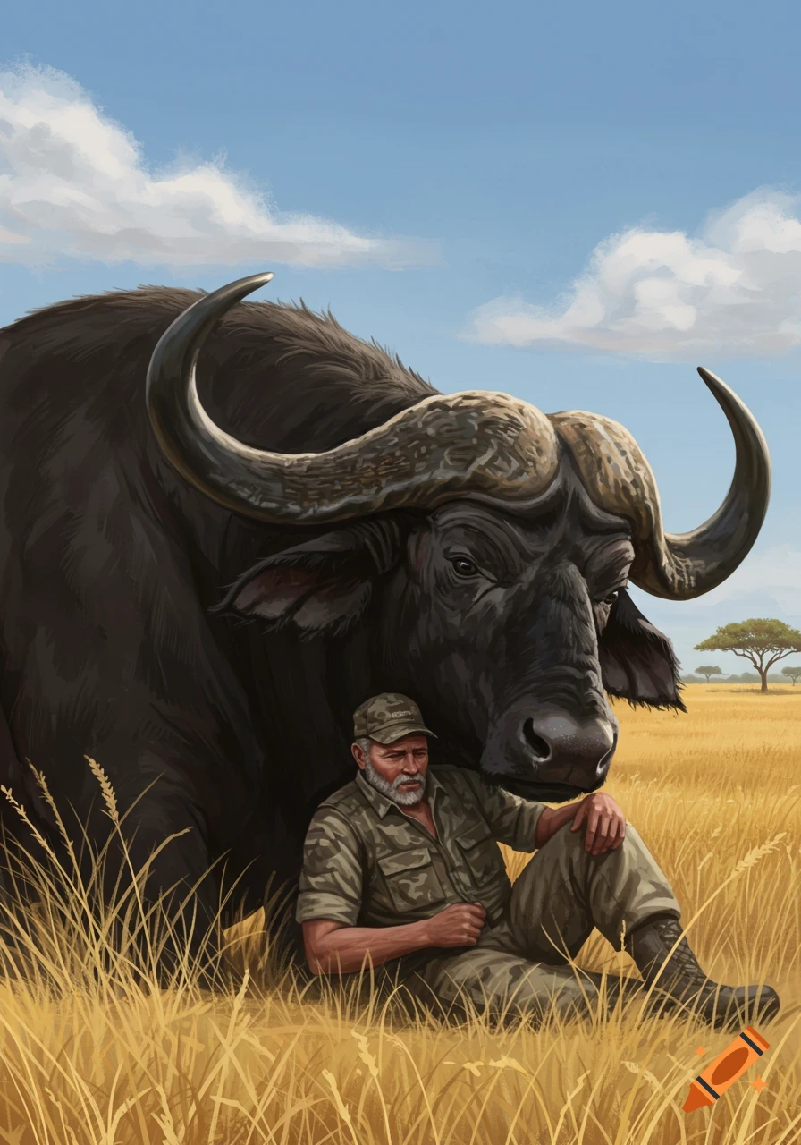 A man in camouflage sits in a grassy field, leaning against a large Cape buffalo, under a blue sky with clouds. Illustration.